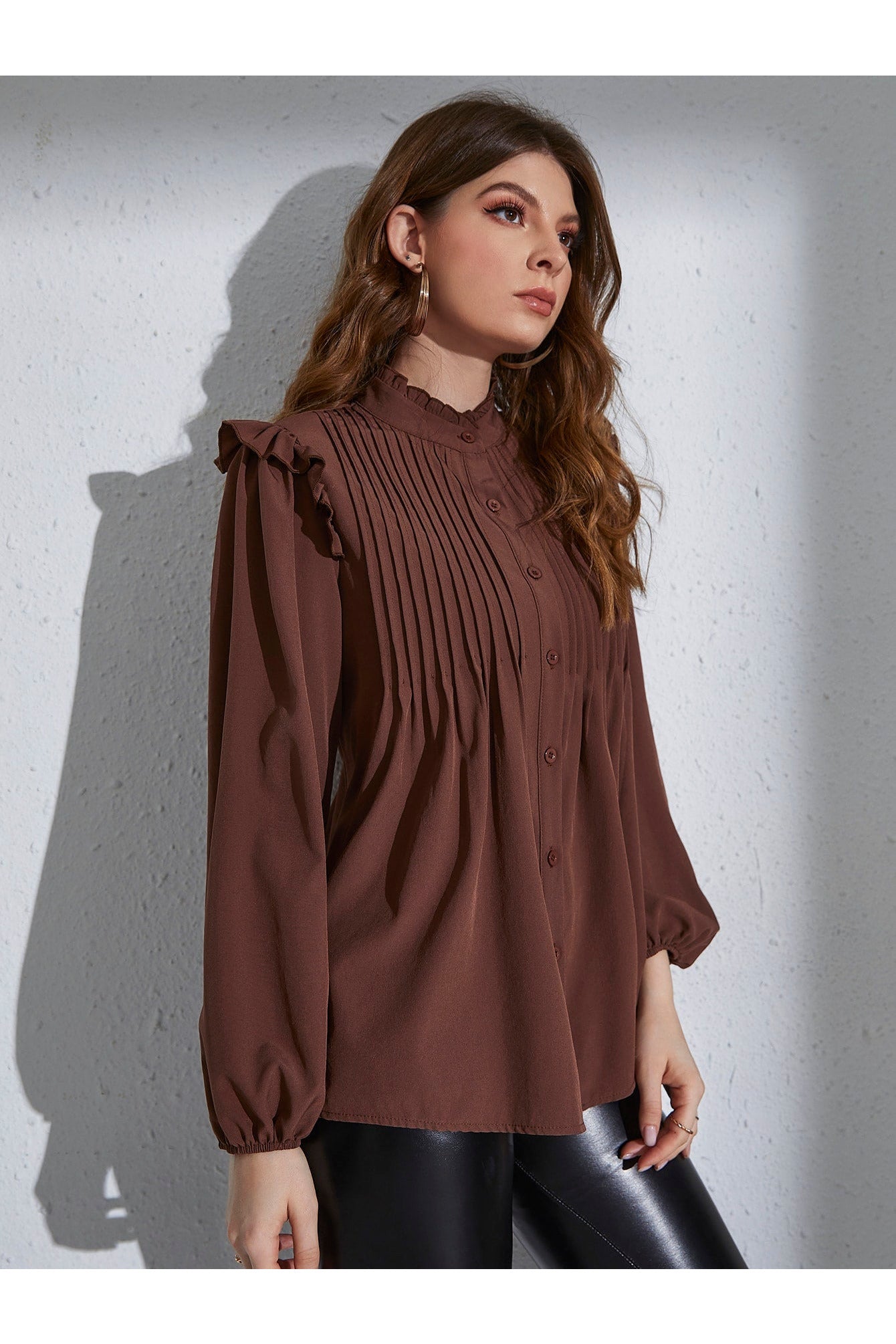 Buy Shein Frill Neck Pleated Button Up Blouse - Small in Pakistan