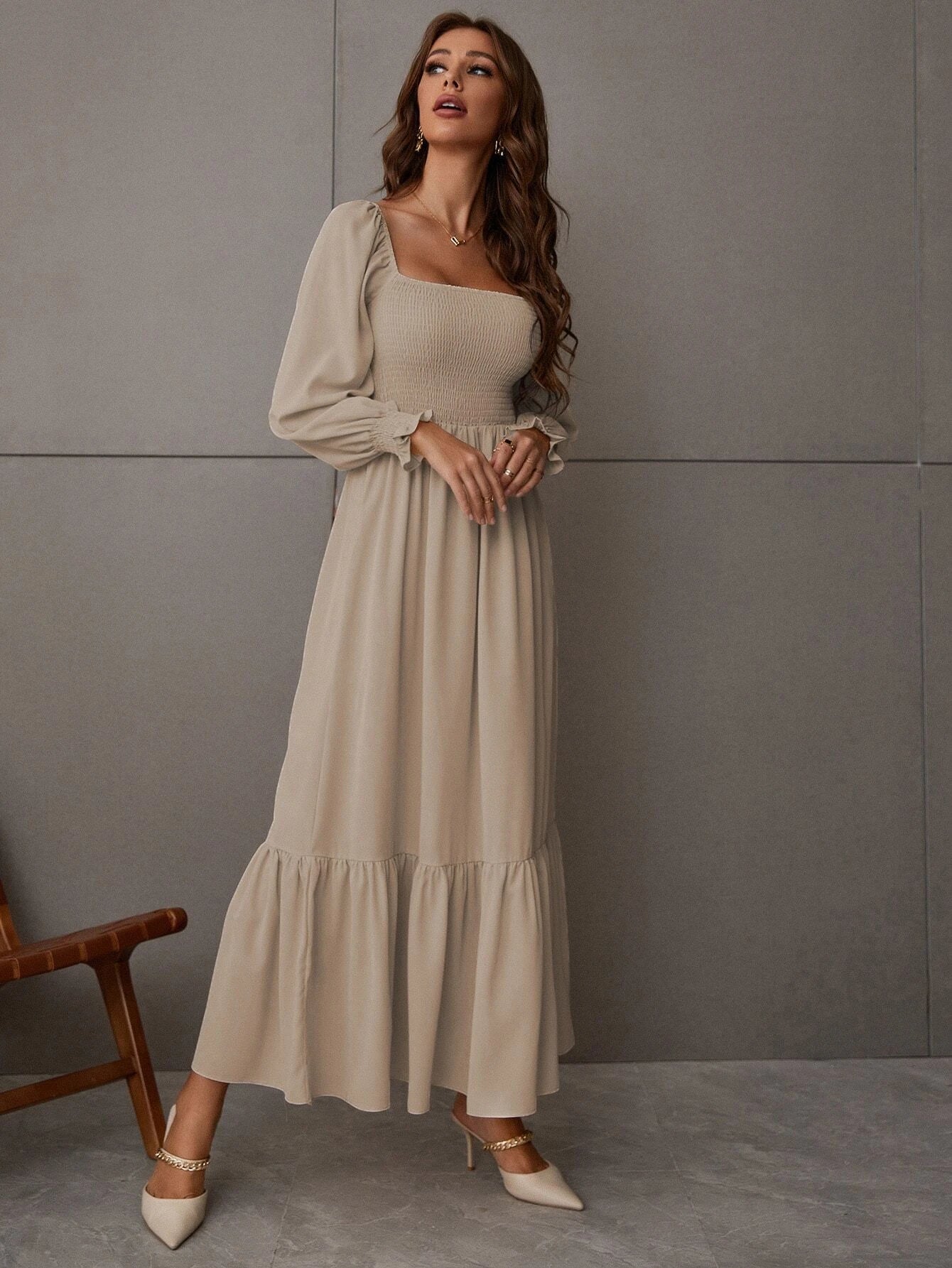 Buy Shein Square Neck Shirred Ruffle Hem Dress in Pakistan