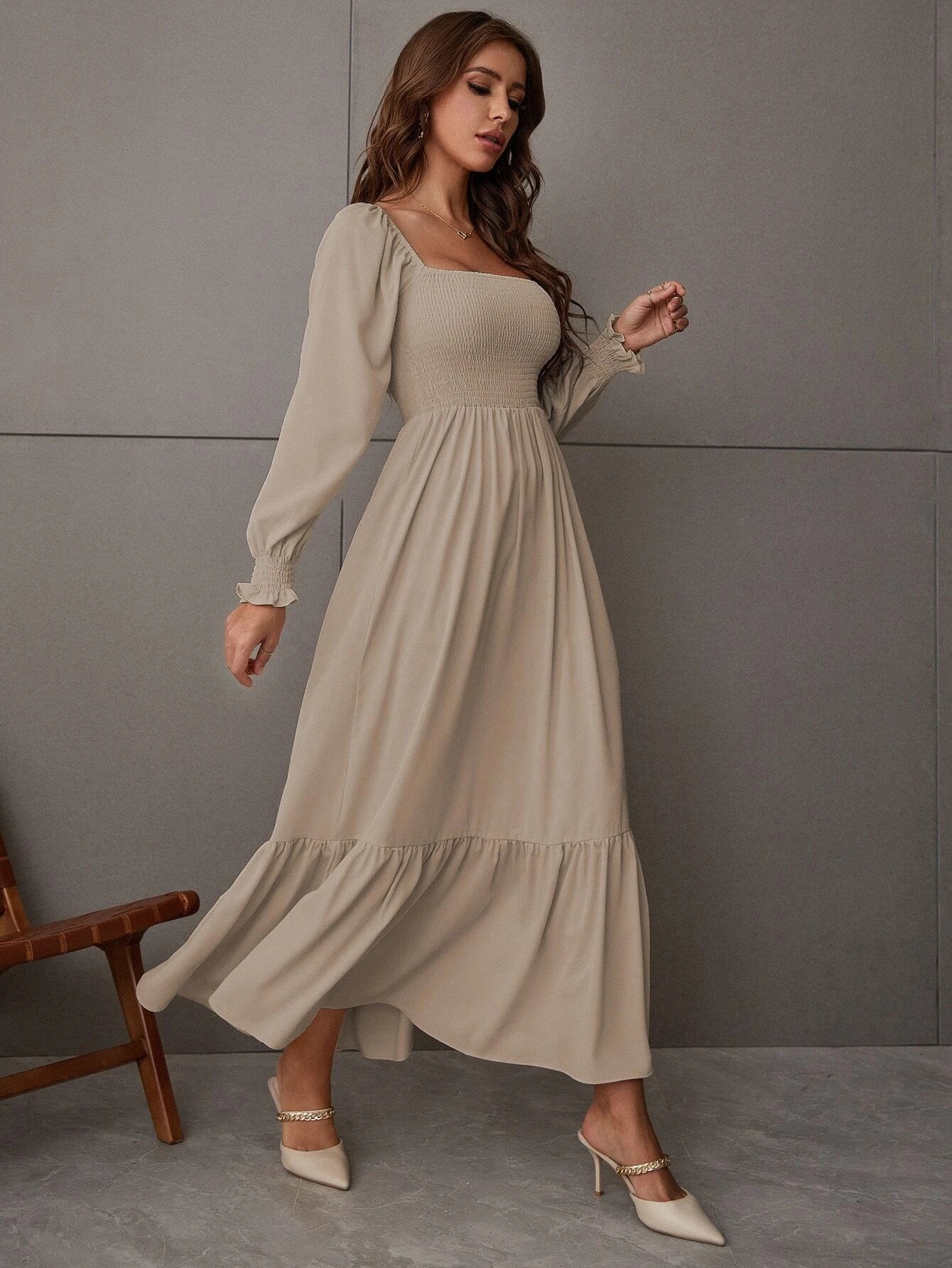 Buy Shein Square Neck Shirred Ruffle Hem Dress in Pakistan