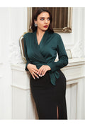 Buy Shein Shawl Collar Tie Side Satin Blouse - Large Dark Green in Pakistan