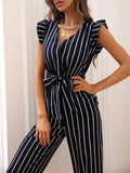 Buy Shein Striped Print Ruffle Trim Belted Jumpsuit in Pakistan