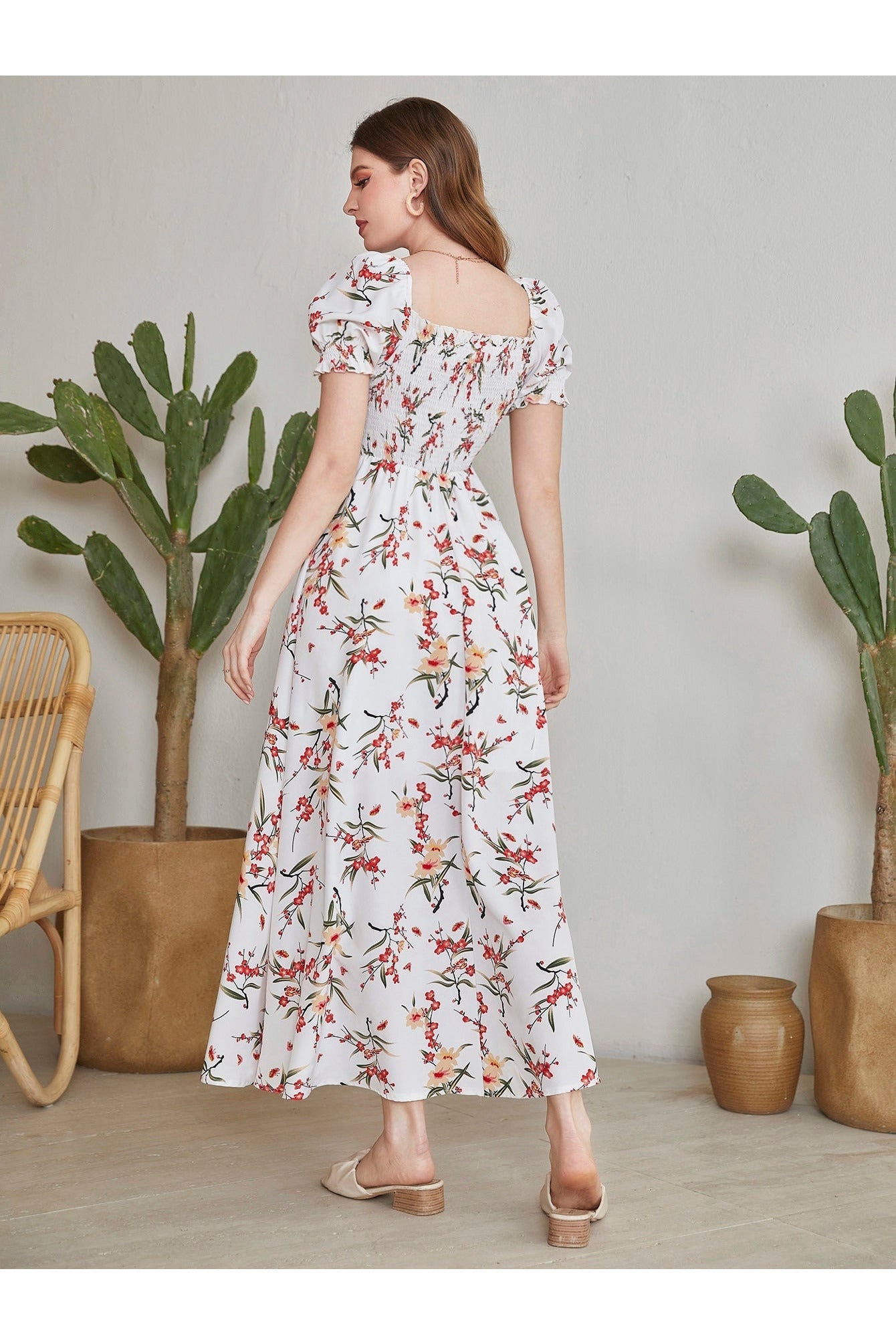 Buy Shein Floral Square Neck Shirred A-line Dress - Large in Pakistan