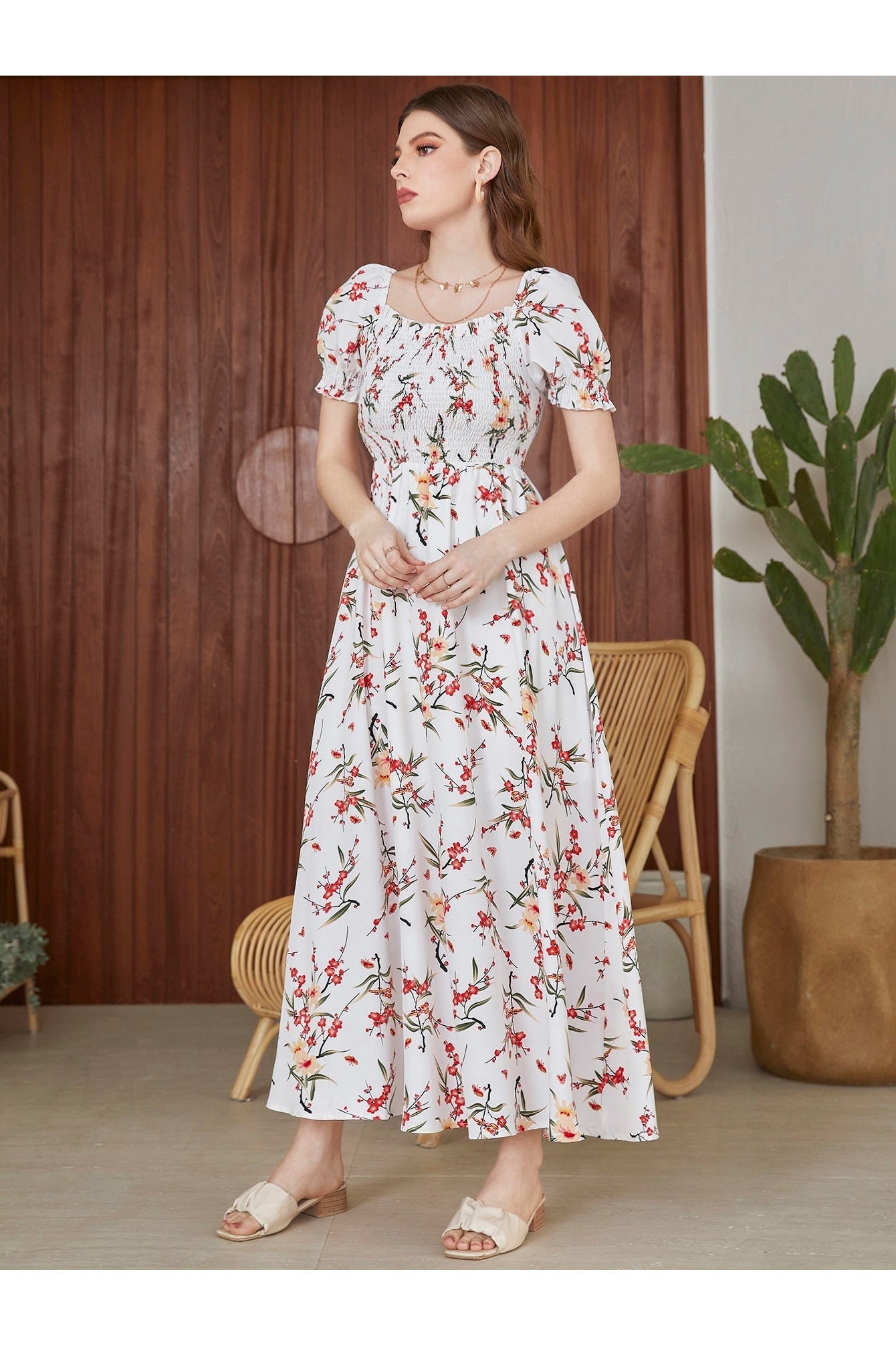 Buy Shein Floral Square Neck Shirred A-line Dress - Large in Pakistan