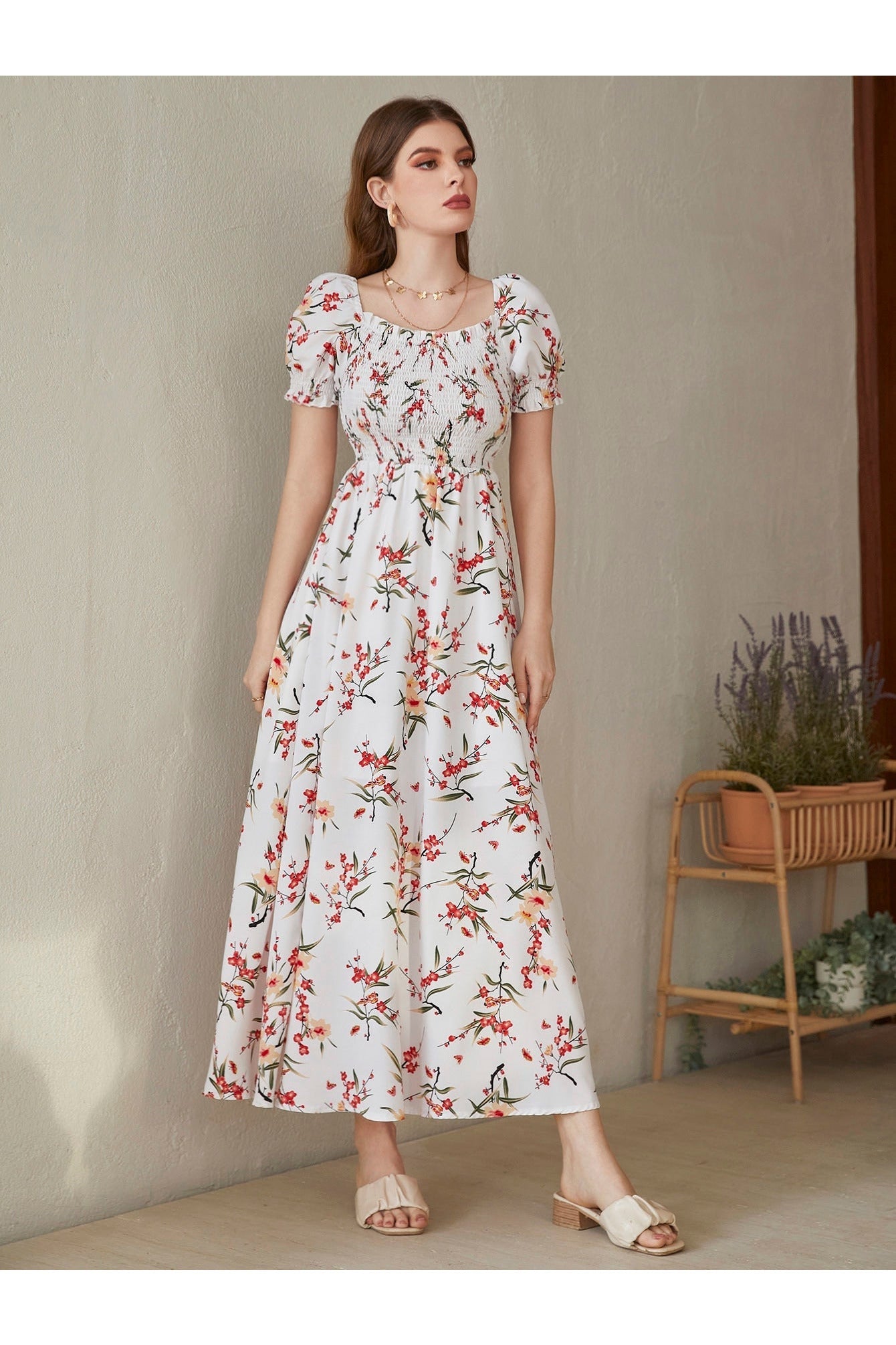 Buy Shein Floral Square Neck Shirred A-line Dress - Large in Pakistan