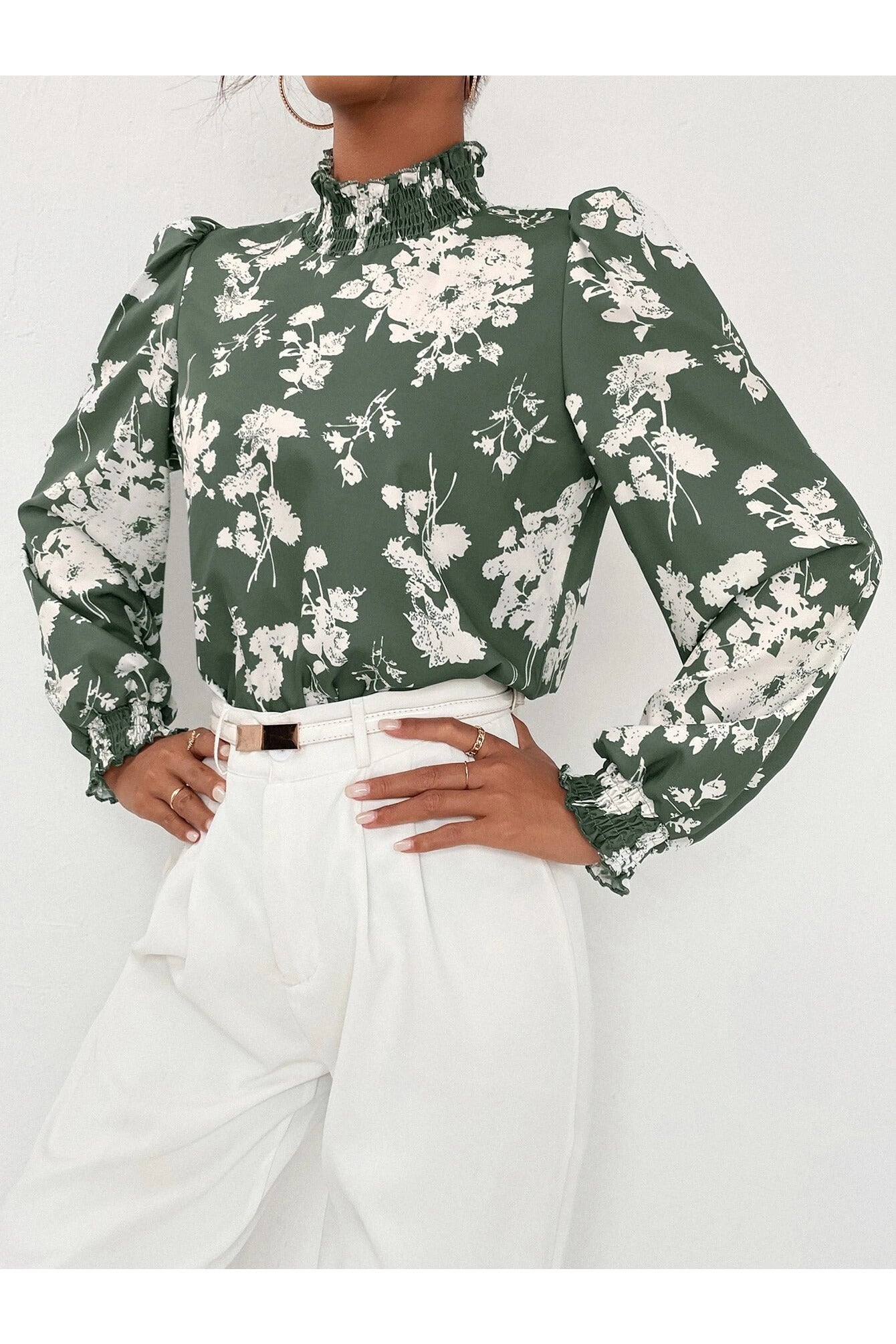 Buy SHEIN Floral Print Stand Collar Bishop Sleeve Blouse in Pakistan