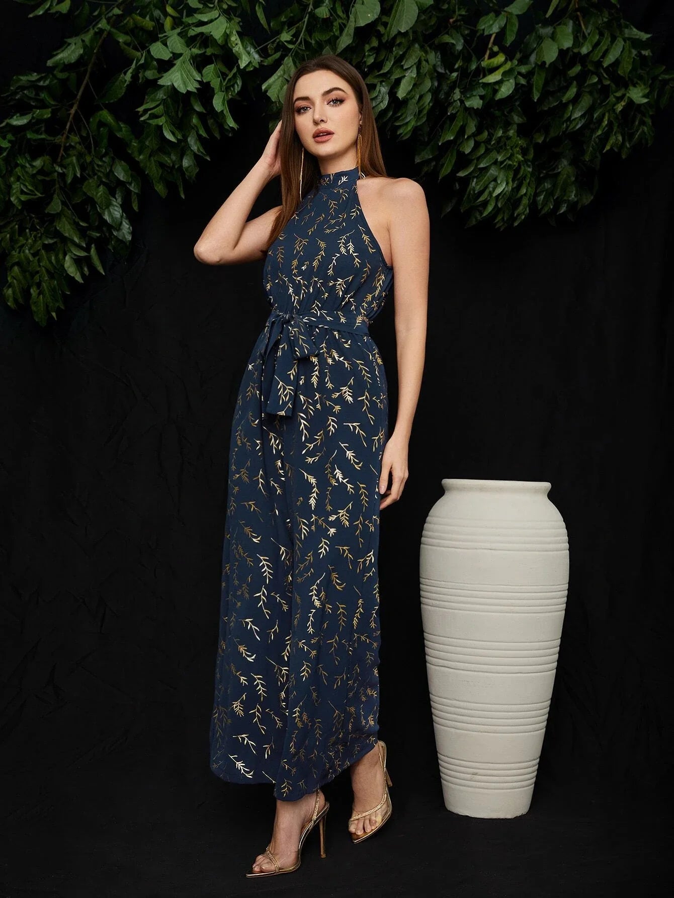 Buy Shein Golden Leaf Print Belted Culottes Jumpsuit in Pakistan