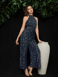 Buy Shein Golden Leaf Print Belted Culottes Jumpsuit in Pakistan