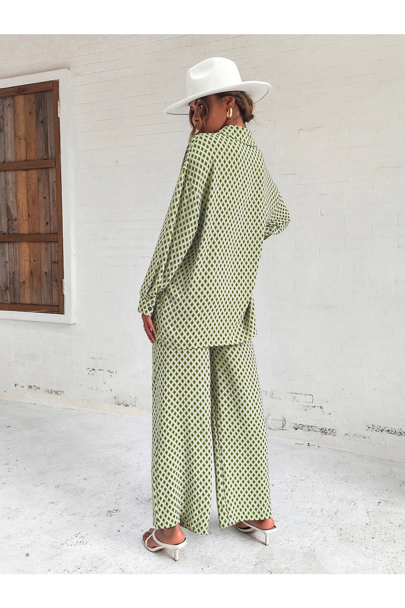 Buy Shein Argyle Print Drop Shoulder Blouse & Wide Leg Pants - Small in Pakistan
