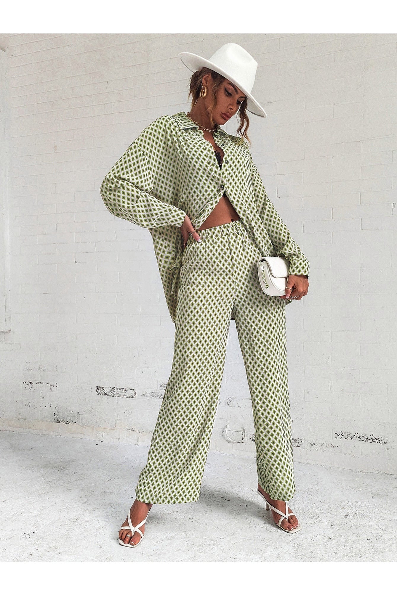 Buy Shein Argyle Print Drop Shoulder Blouse & Wide Leg Pants - Small in Pakistan