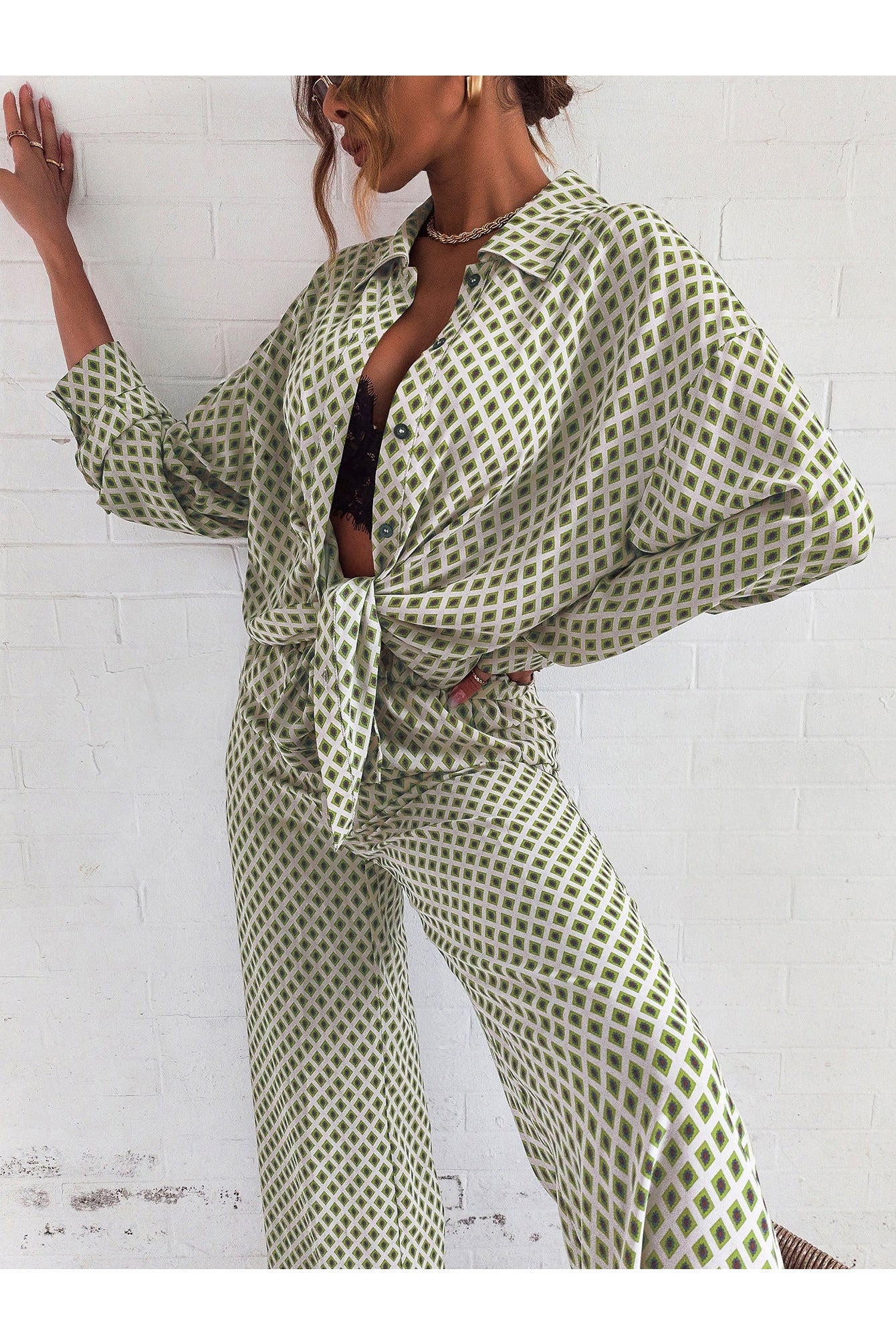 Buy Shein Argyle Print Drop Shoulder Blouse & Wide Leg Pants - Small in Pakistan