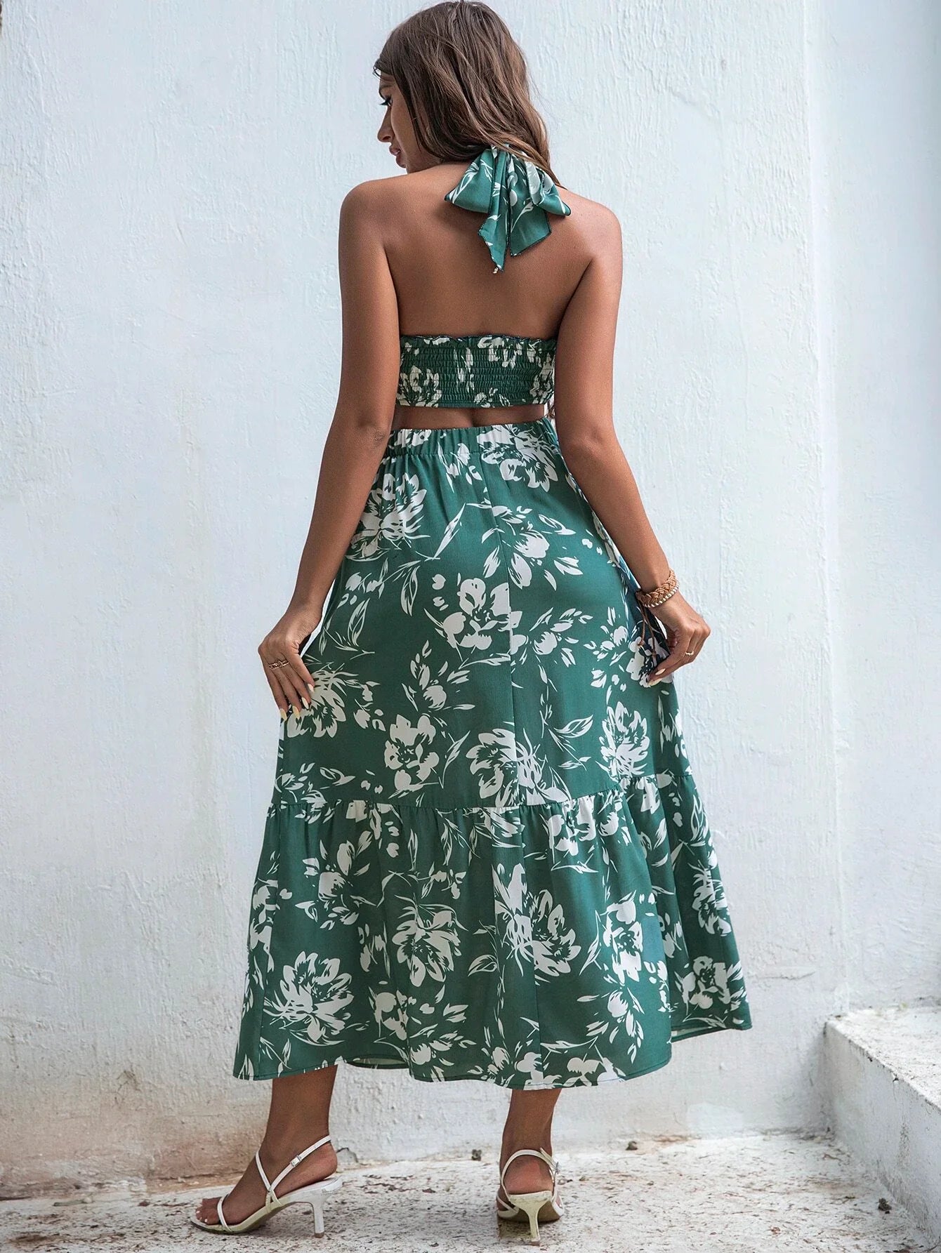 Buy Shein Vcay Floral Print Criss Cross Tie Back Crop Top & Ruffle Hem Skirt Set in Pakistan