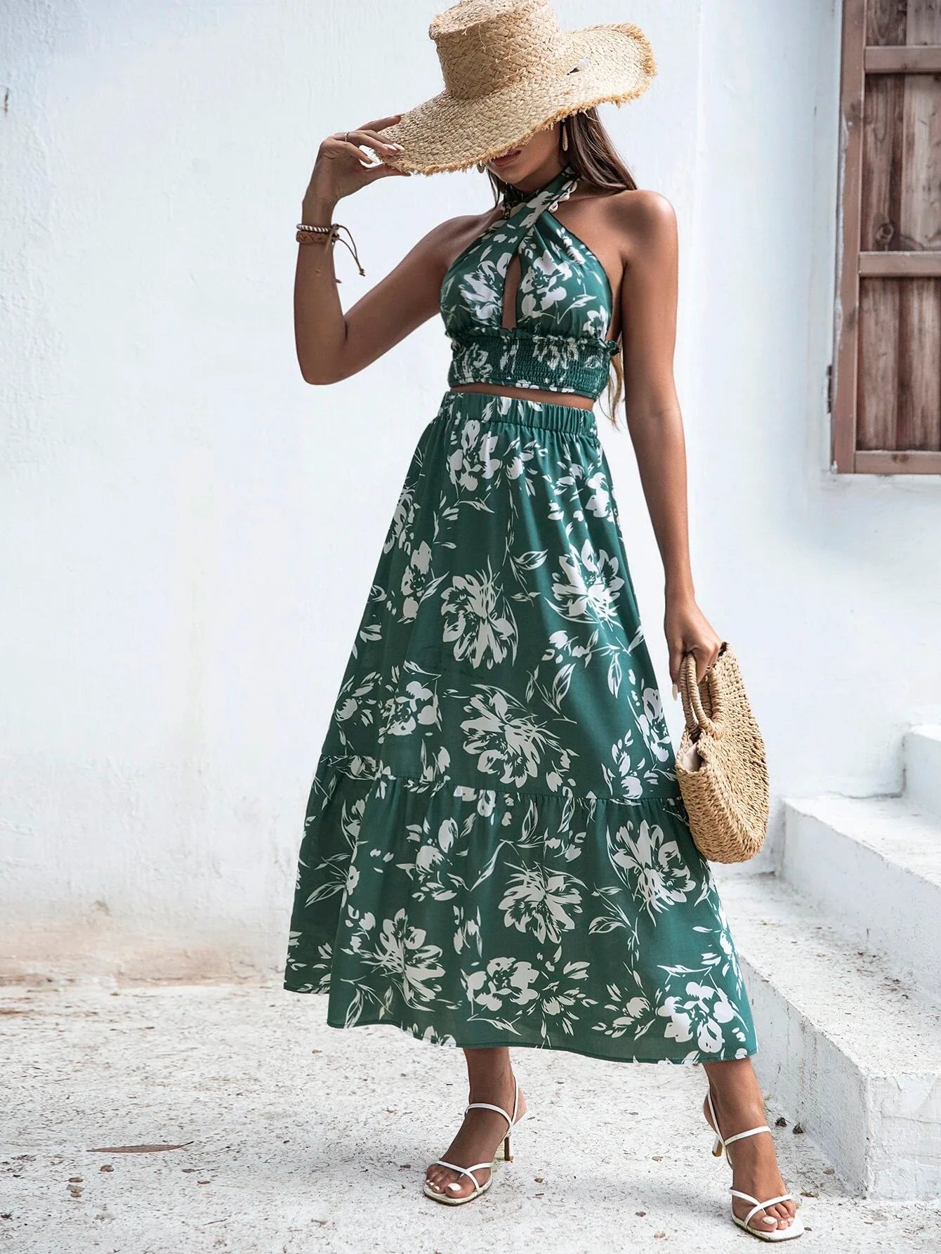 Buy Shein Vcay Floral Print Criss Cross Tie Back Crop Top & Ruffle Hem Skirt Set in Pakistan