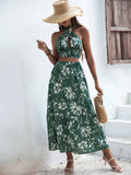 Buy Shein Vcay Floral Print Criss Cross Tie Back Crop Top & Ruffle Hem Skirt Set in Pakistan