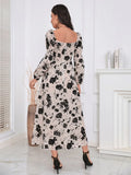Buy Shein Modely Floral Print Lantern Sleeve Square Neck Dress in Pakistan
