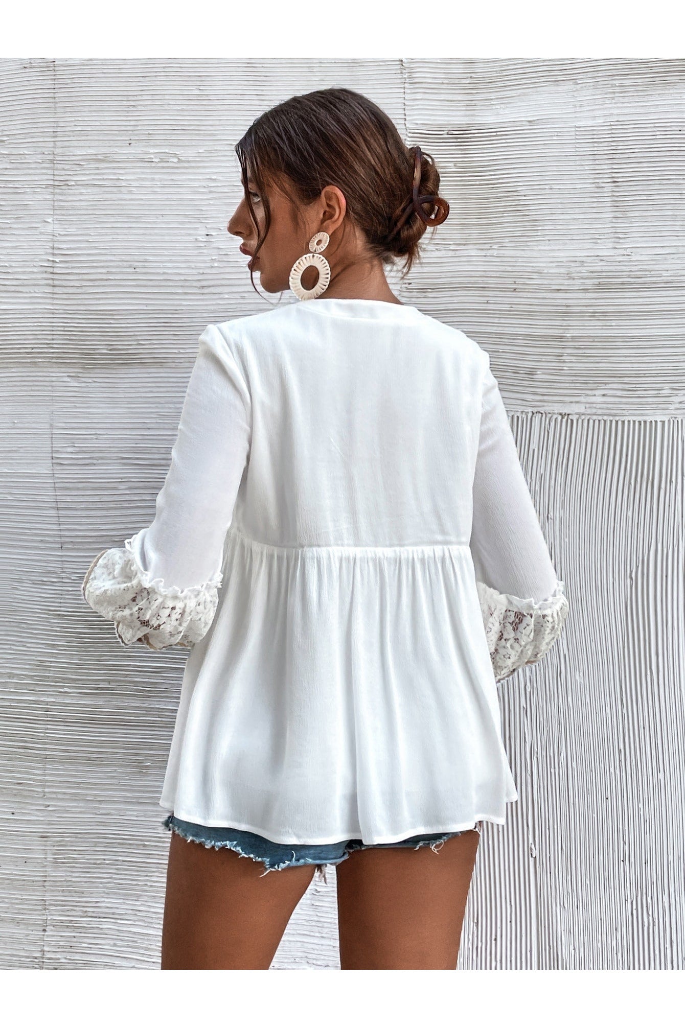 Buy Shein Contrast Lace Tie Front Tassel Detail Peplum Blouse - Small in Pakistan