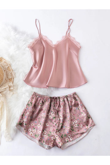 Buy Shein Floral Print Lace Detail Tie Front Satin PJ Set - Large Dusty Pink in Pakistan