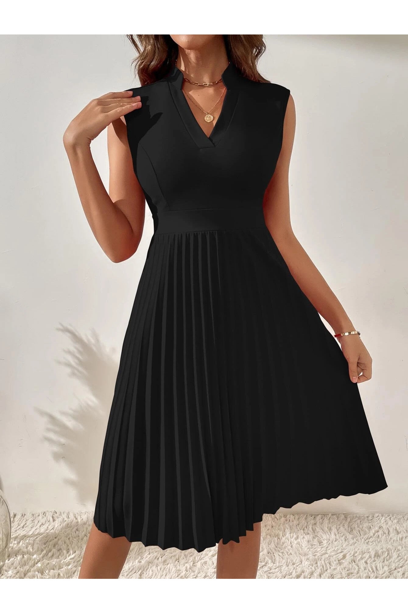 Buy SHEIN Solid Pleated Notched A-line Dress - Small Black in Pakistan