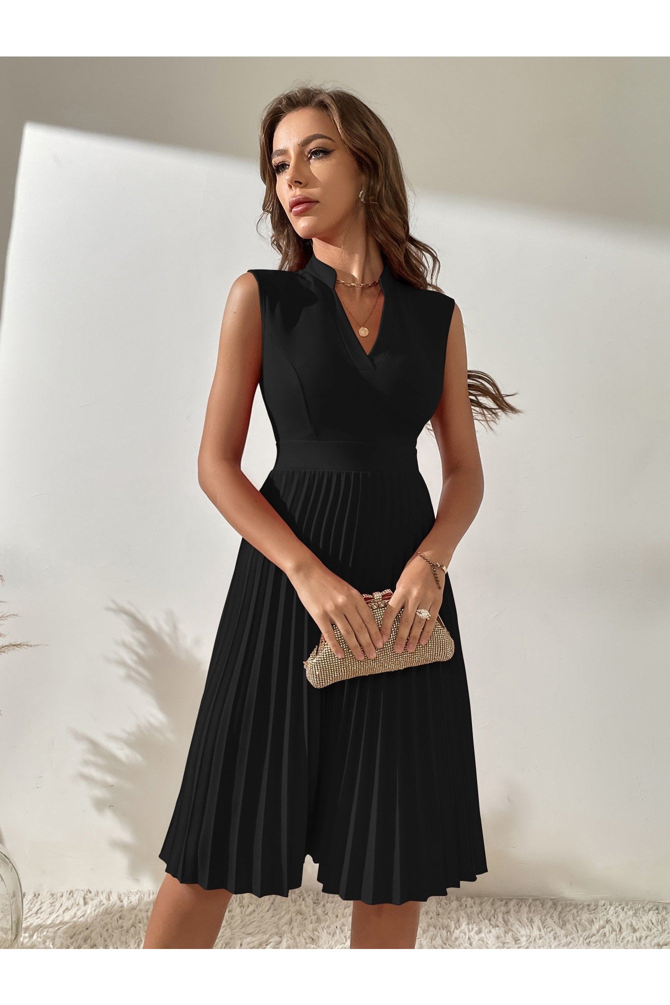 Buy SHEIN Solid Pleated Notched A-line Dress - Medium Black in Pakistan
