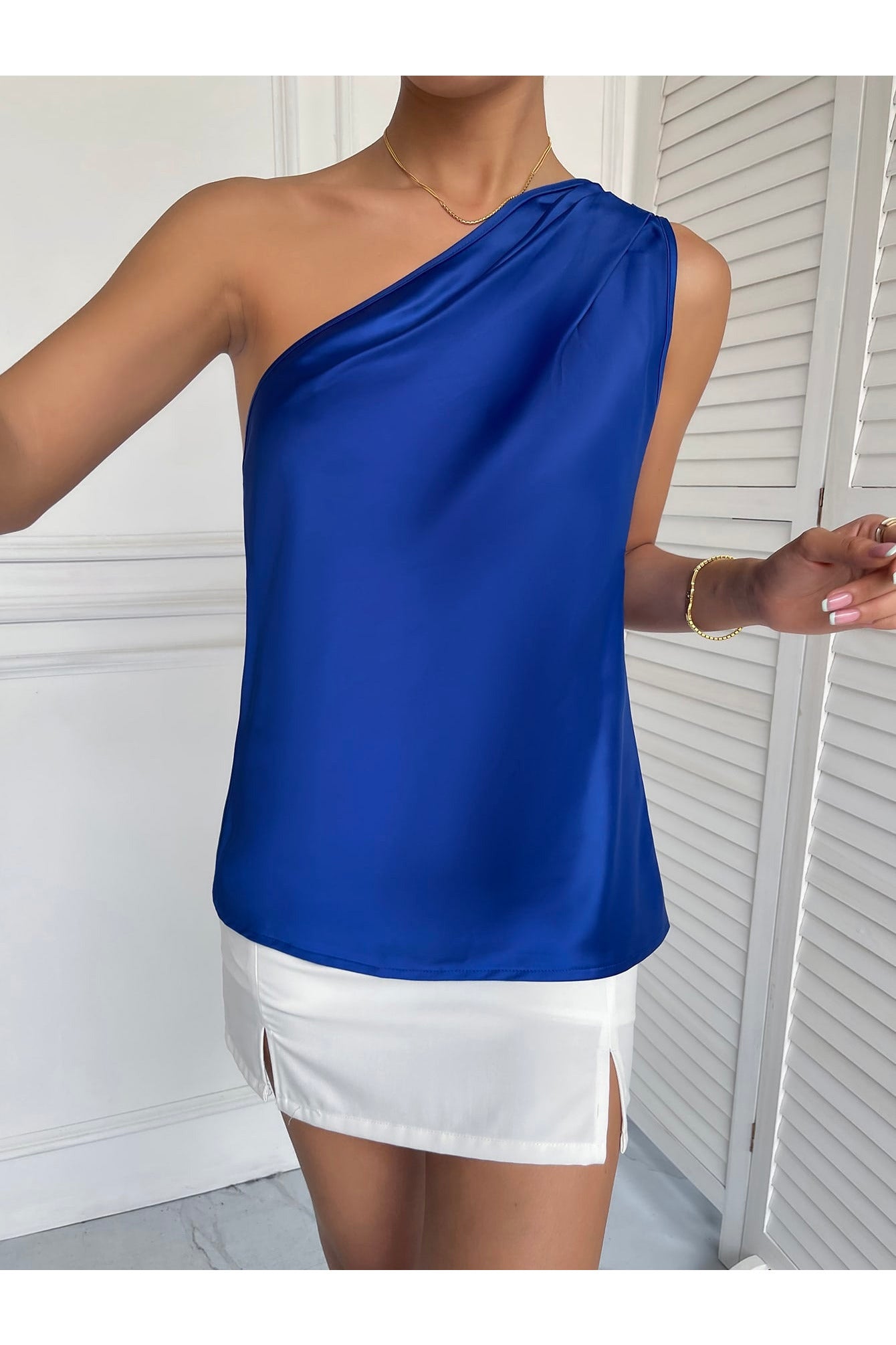 Buy Shein Ruched One Shoulder Satin Blouse - Small in Pakistan