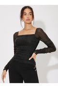 Buy SHEIN Mesh Panel Ruched Glitter Top - Small Black in Pakistan