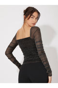 Buy SHEIN Mesh Panel Ruched Glitter Top - Large Black in Pakistan