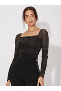 Buy SHEIN Mesh Panel Ruched Glitter Top - Large Black in Pakistan