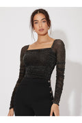 Buy SHEIN Mesh Panel Ruched Glitter Top - Small Black in Pakistan