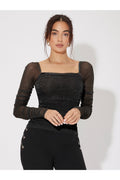 Buy SHEIN Mesh Panel Ruched Glitter Top - Medium Black in Pakistan