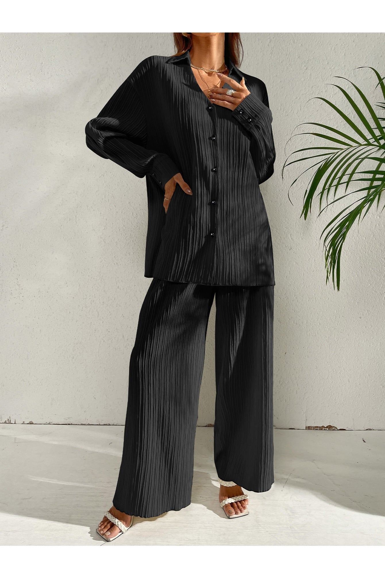 Buy Shein Plisse Drop Shoulder Shirt & Wide Leg Pants - Small in Pakistan