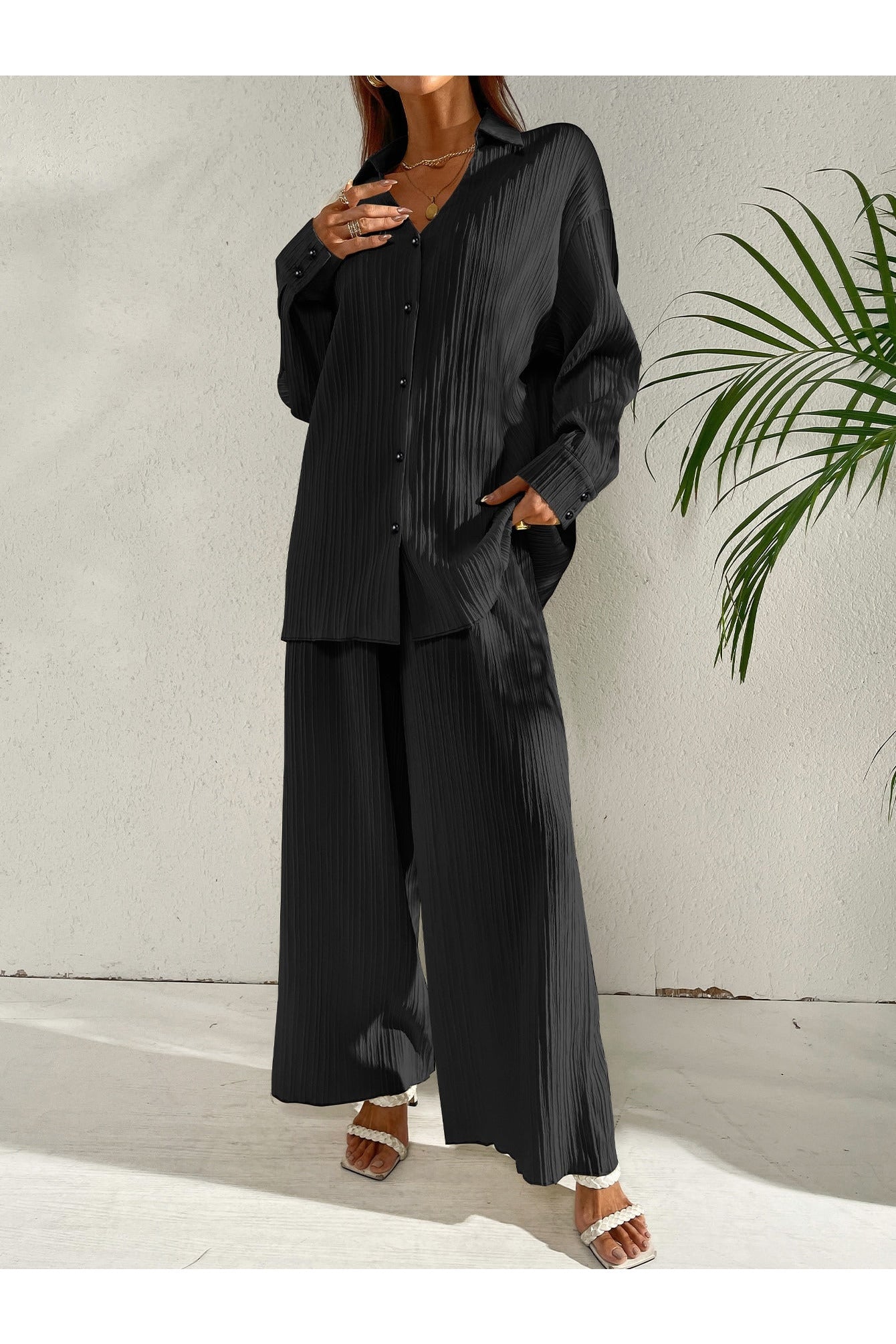 Buy Shein Plisse Drop Shoulder Shirt & Wide Leg Pants - Small in Pakistan