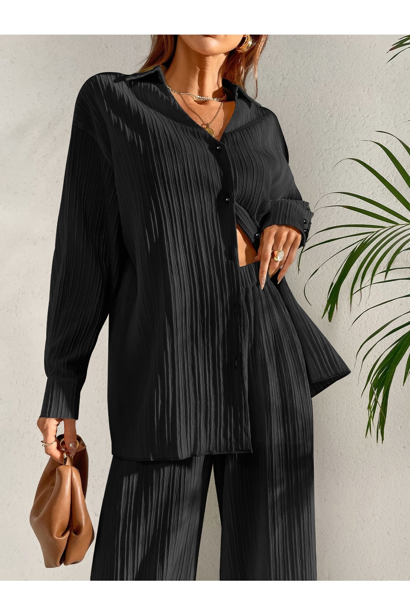 Buy Shein Plisse Drop Shoulder Shirt & Wide Leg Pants - Small in Pakistan