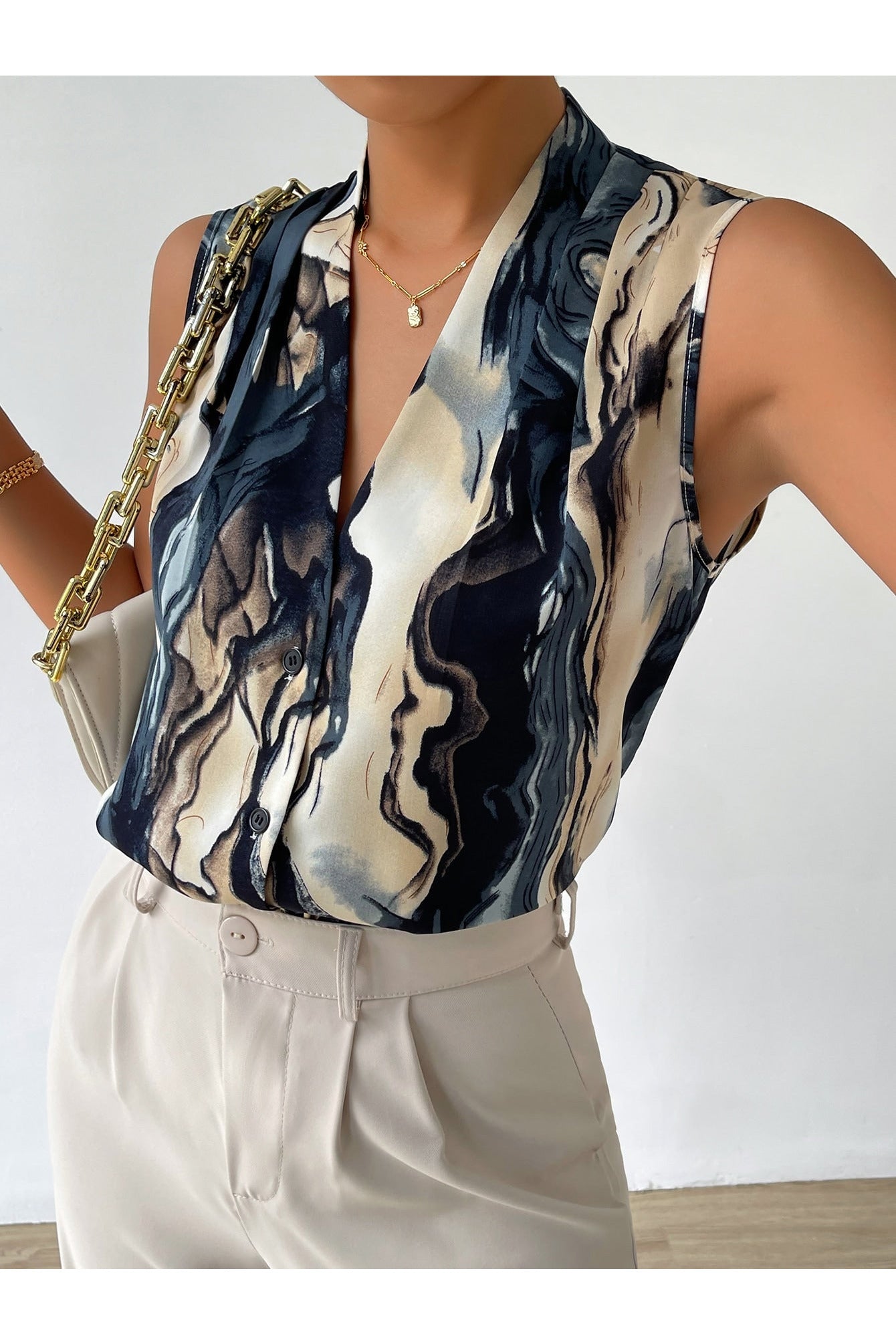 Buy Shein Marble Print Button Front Blouse - Small in Pakistan
