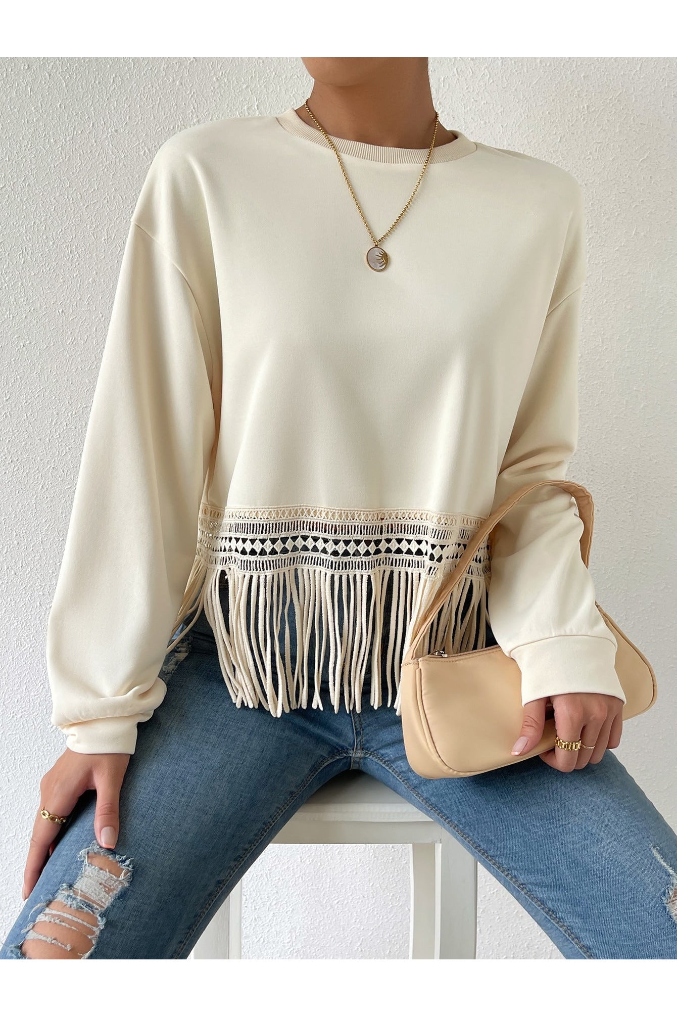 Buy Shein Drop Shoulder Fringe Trim Pullover - Small in Pakistan