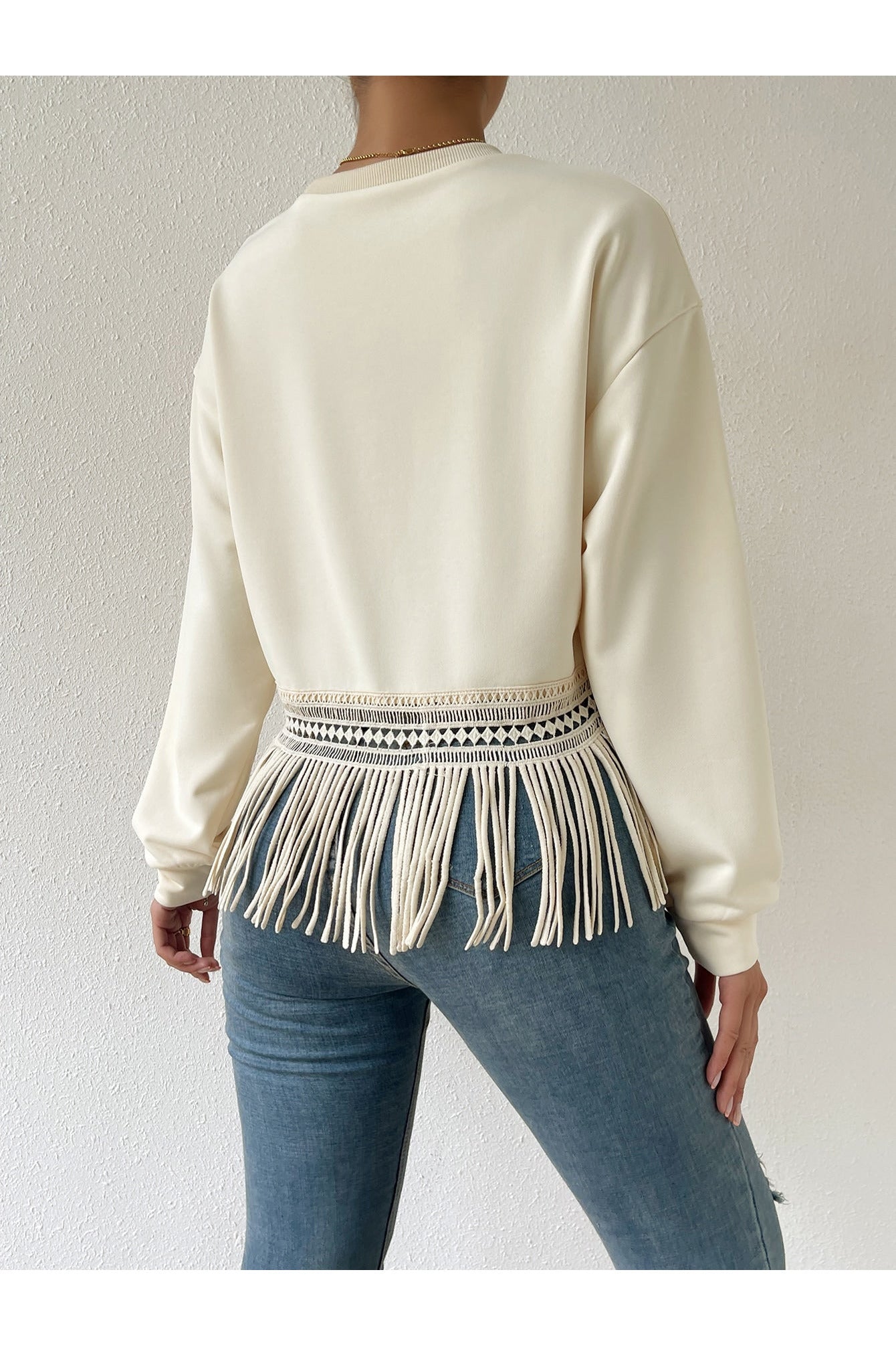 Buy Shein Drop Shoulder Fringe Trim Pullover - Small in Pakistan