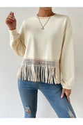 Buy Shein Drop Shoulder Fringe Trim Pullover - Small in Pakistan