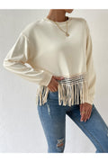 Buy Shein Drop Shoulder Fringe Trim Pullover - Small in Pakistan