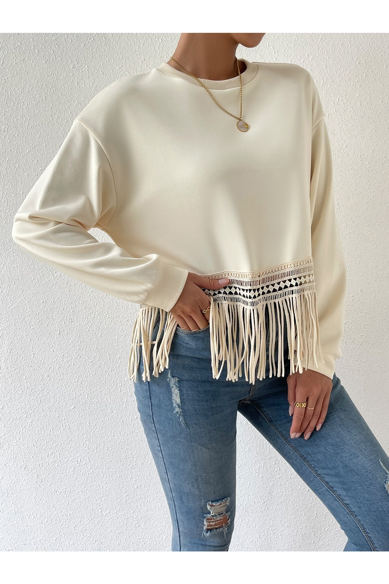 Buy Shein Drop Shoulder Fringe Trim Pullover - Small in Pakistan
