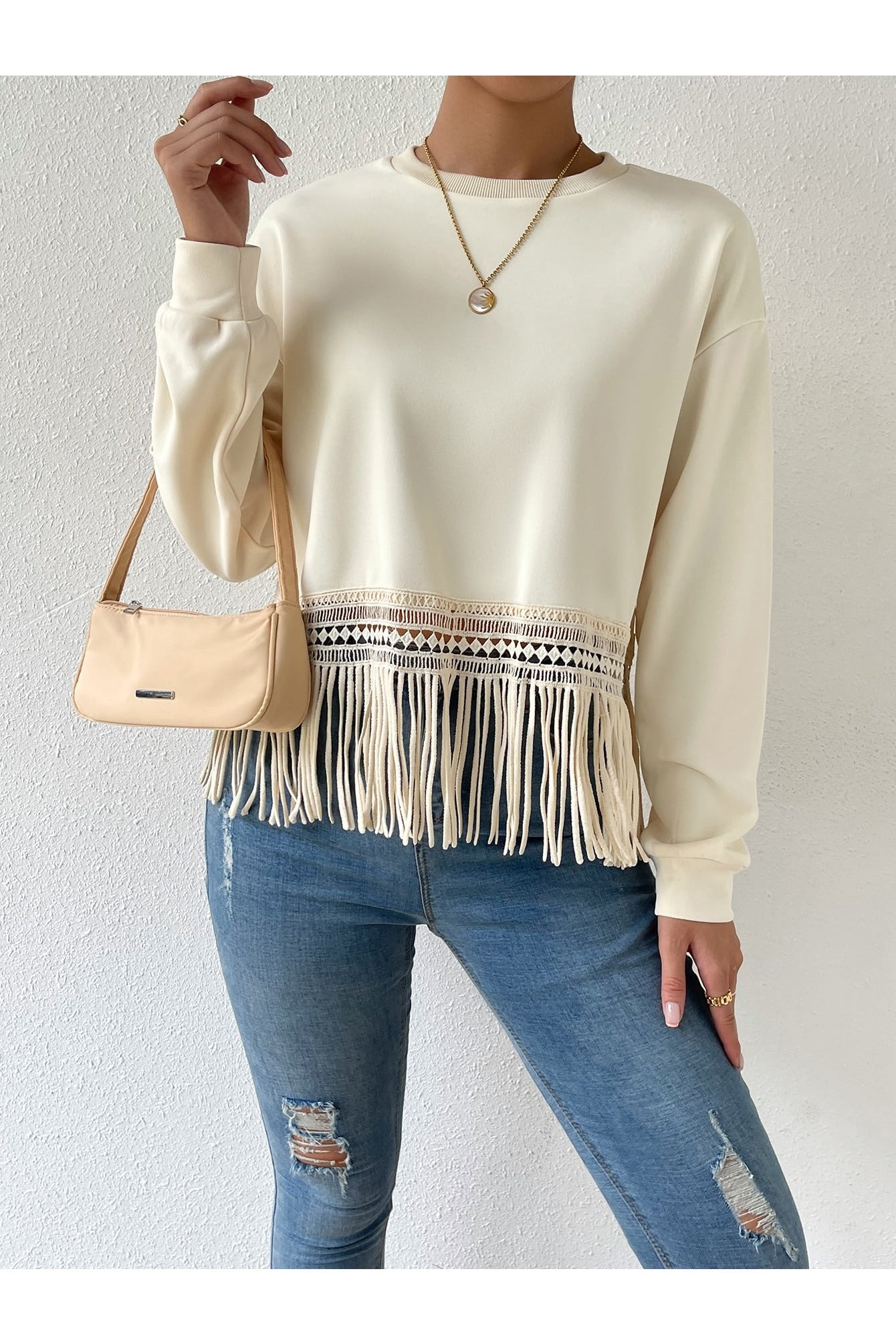 Buy Shein Drop Shoulder Fringe Trim Pullover - Small in Pakistan