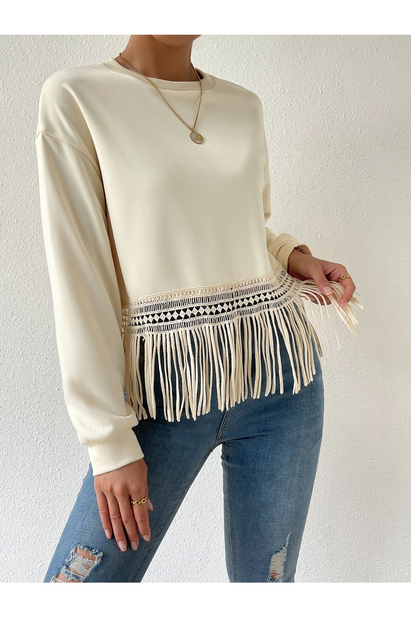 Buy Shein Drop Shoulder Fringe Trim Pullover - Small in Pakistan