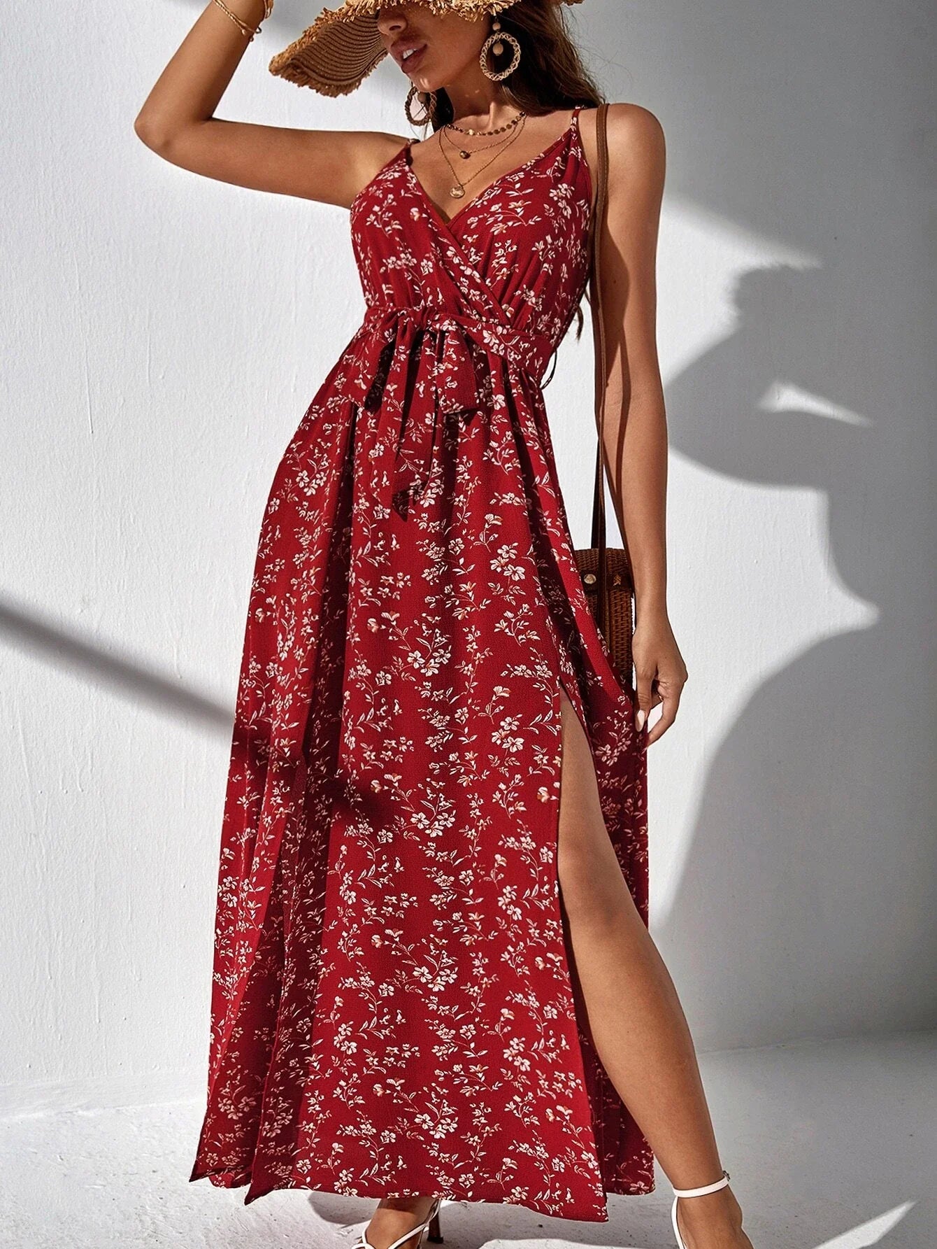 Buy Shein Frenchy Ditsy Floral Split Thigh Belted Cami Dress in Pakistan