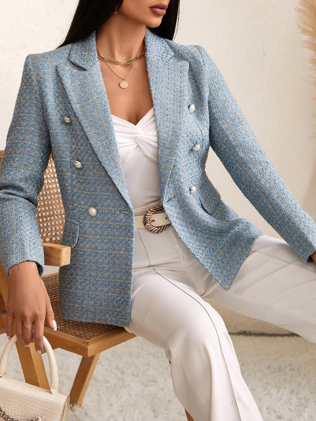 Buy Shein Plaid Print Double Breasted Blazer in Pakistan