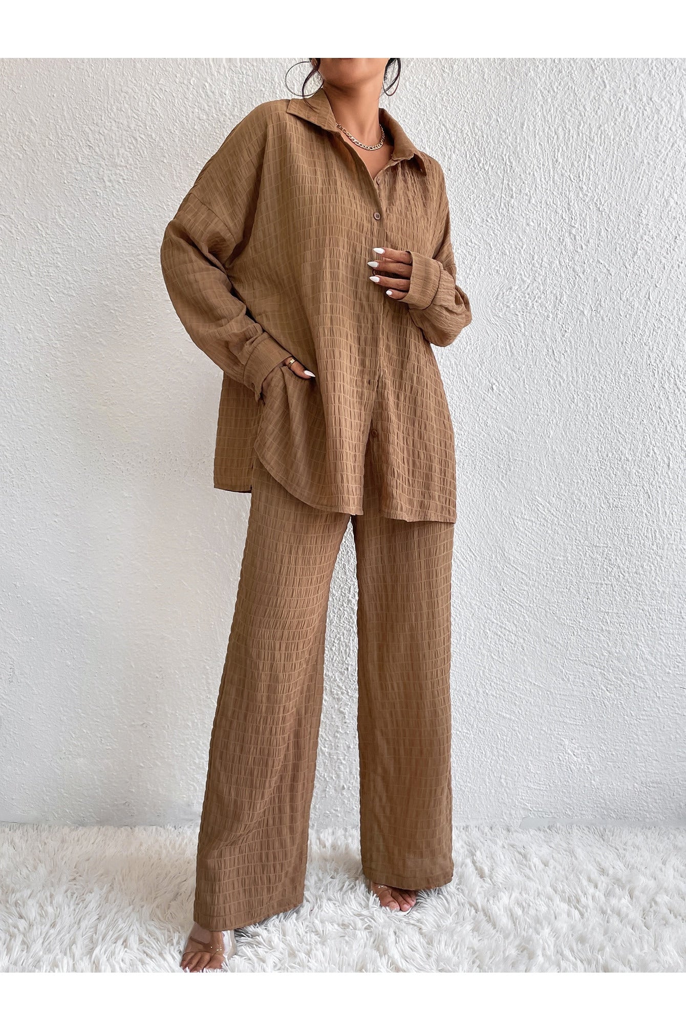 Buy Shein Solid Drop Shoulder Shirt & Wide Leg Pants - Small in Pakistan