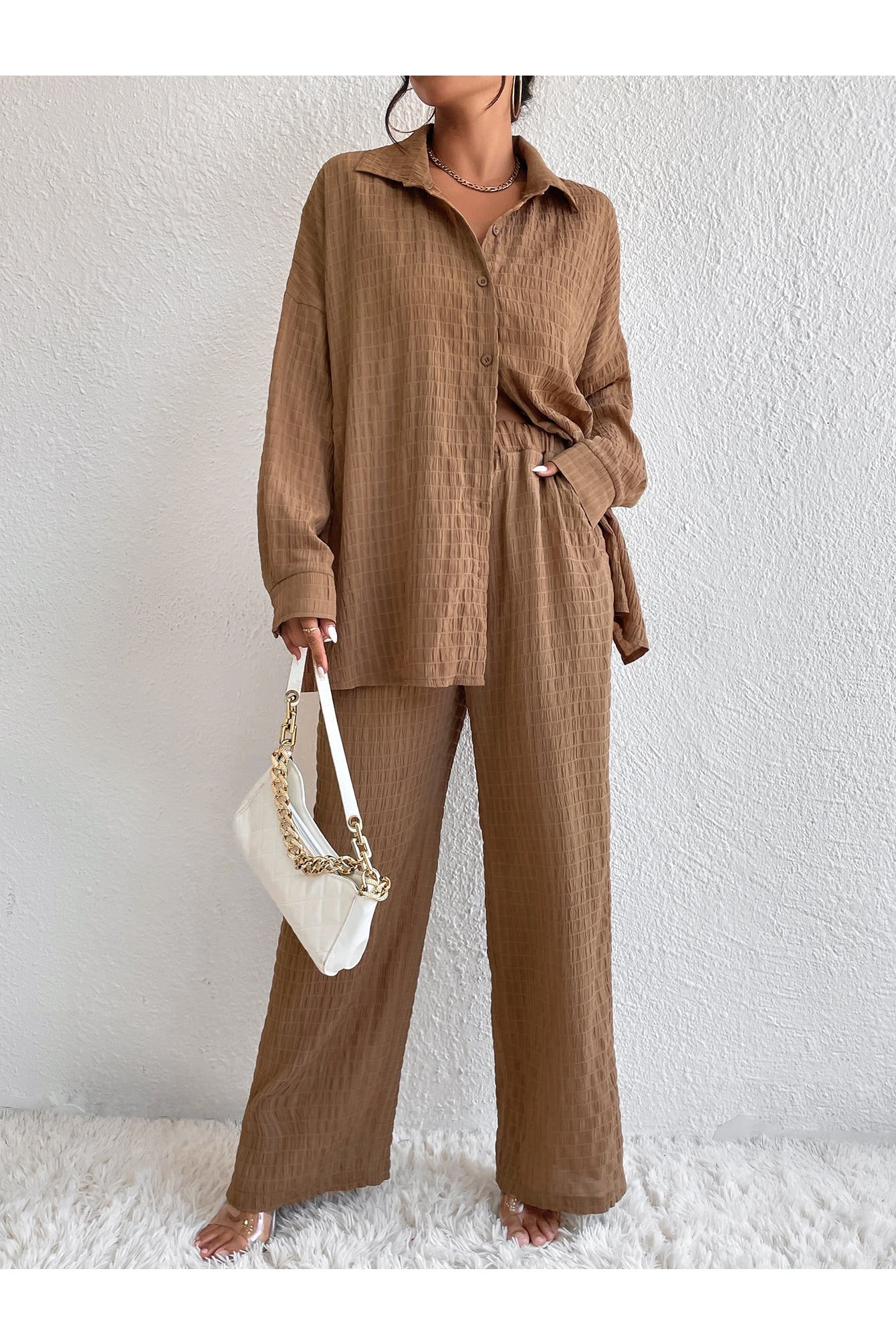 Buy Shein Solid Drop Shoulder Shirt & Wide Leg Pants - Small in Pakistan