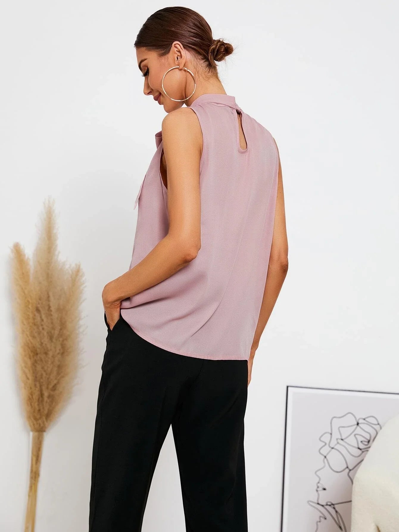 Buy Shein Emery Rose Solid Tie Neck Blouse in Pakistan