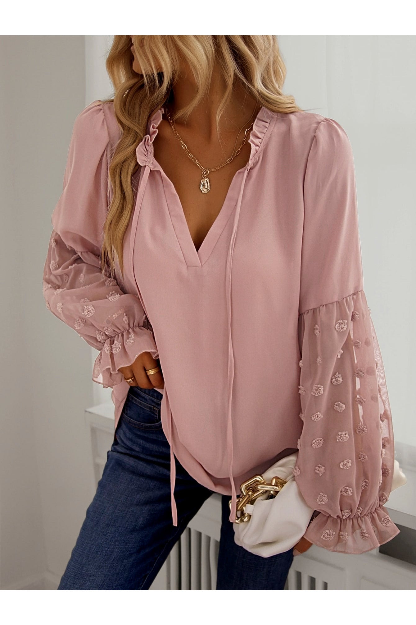 Buy Shein Swiss Dot Frill Trim Blouse - Small in Pakistan