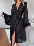 Buy Shein Fuzzy Cuff Belted Mesh Sleep Robe Without Lingerie in Pakistan
