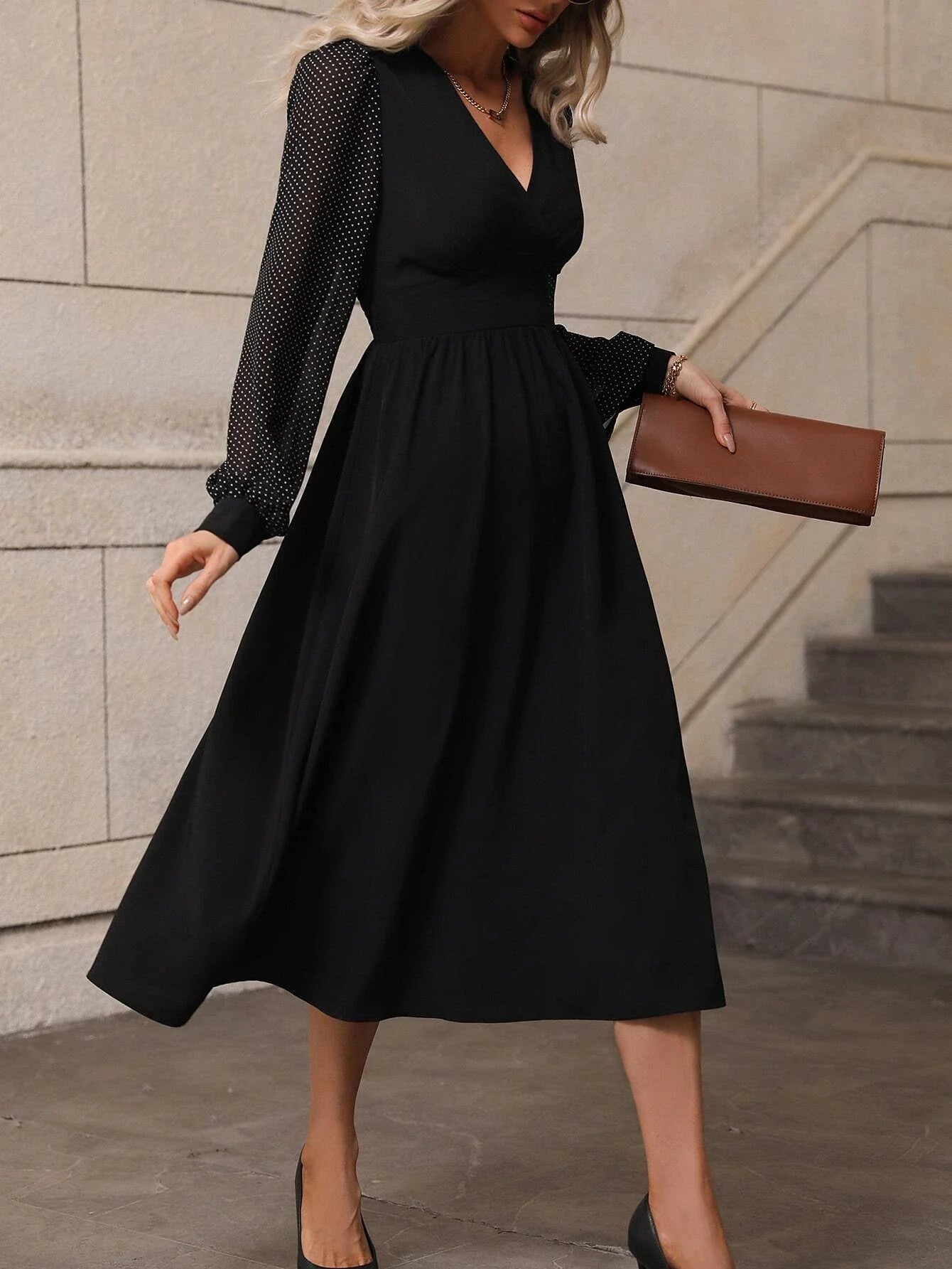 Buy Shein Polka Dot Bishop Sleeve A Line Dress in Pakistan