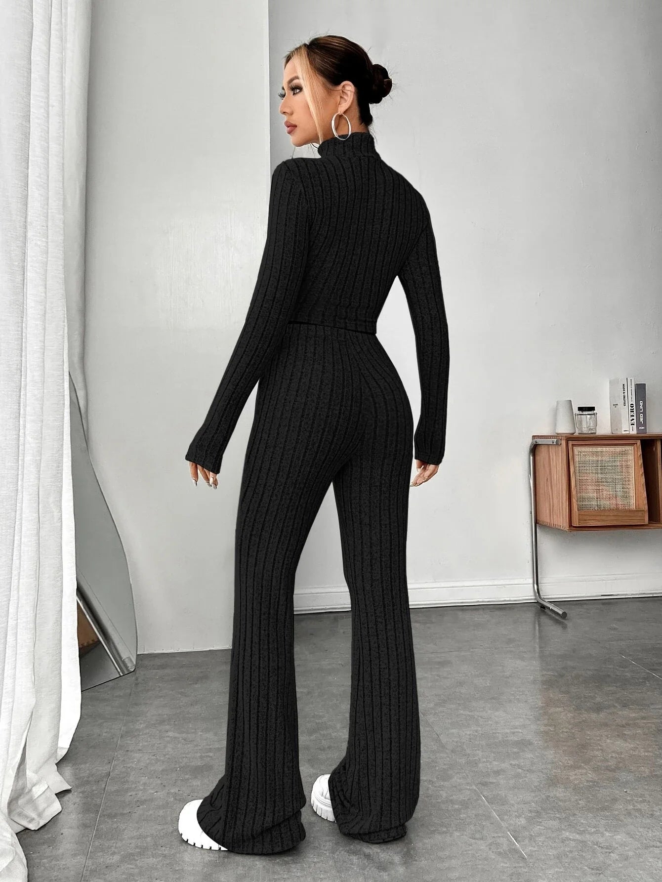 Buy Shein Ezwear Mock Neck Crop Tee & Flare Leg Pants in Pakistan