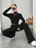 Buy Shein Ezwear Mock Neck Crop Tee & Flare Leg Pants in Pakistan
