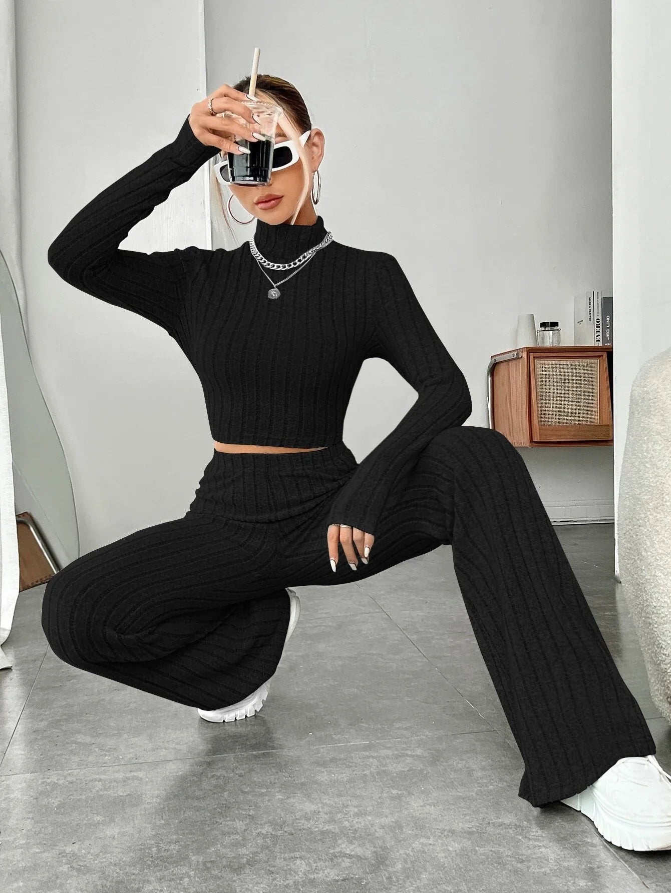 Buy Shein Ezwear Mock Neck Crop Tee & Flare Leg Pants in Pakistan